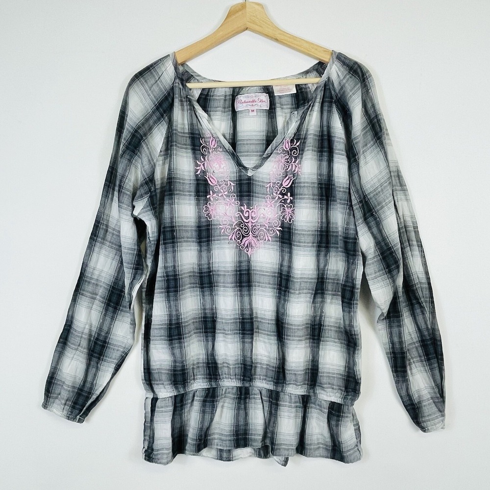 Panhandle Slim Womens Medium‎ Top Grey White Plaid Western Rodeo Festival Boho